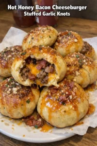 Hot Honey Bacon Cheeseburger Stuffed Garlic Knots with melted cheese and garlic bread.
