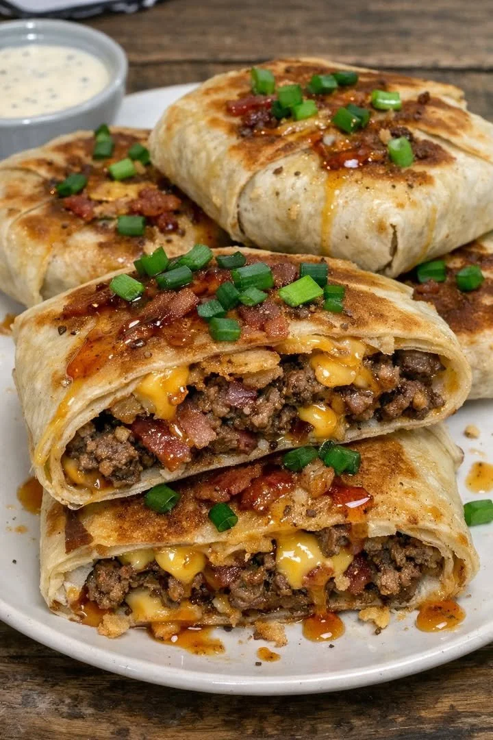 Hot Honey Bacon Cheeseburger Stuffed Tortilla Crunch Wraps on a plate