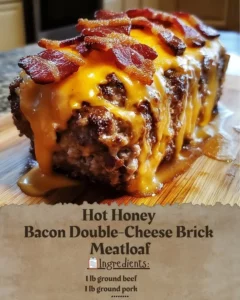Hot Honey Bacon Double-Cheese Brick Meatloaf ready to serve on a platter