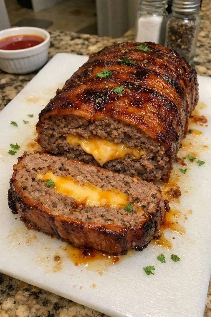Hot Honey Bacon Double-Cheese Brick Meatloaf served on a plate