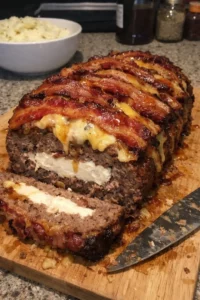 Hot Honey Bacon Double-Cheese Brick Meatloaf ready to serve on a plate