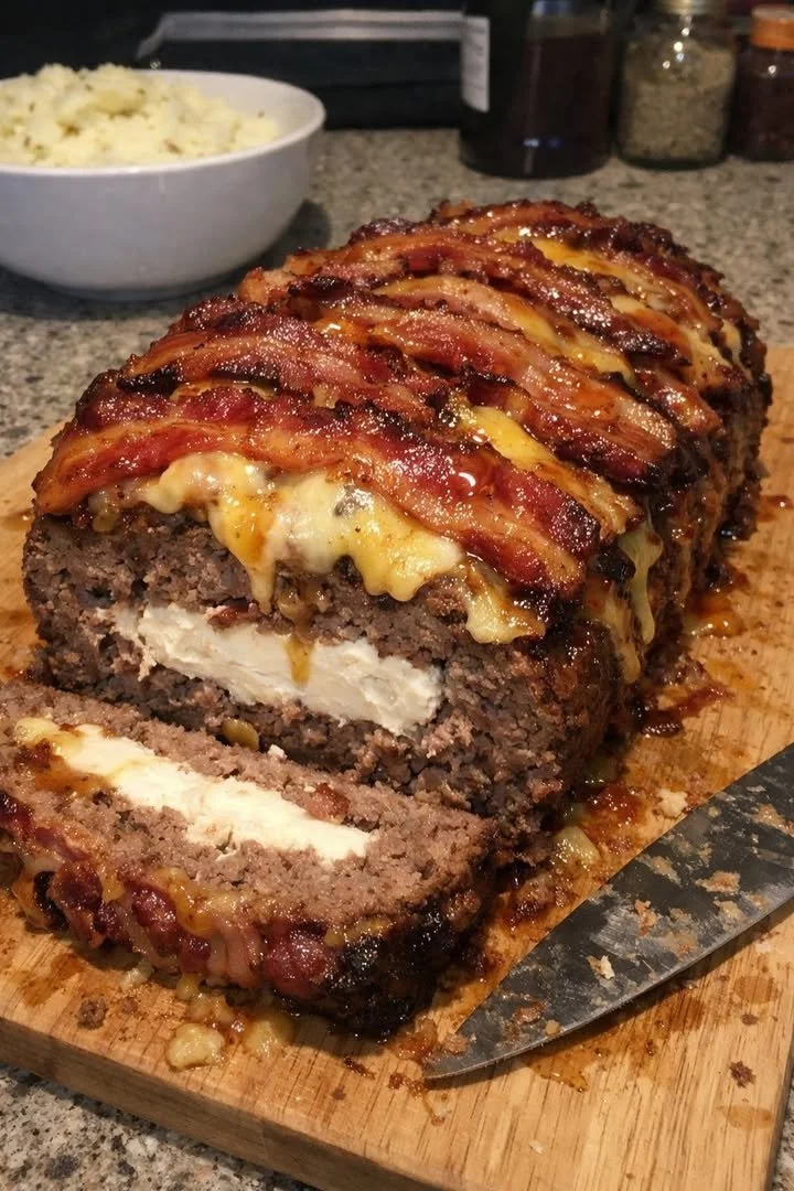 Hot Honey Bacon Double-Cheese Brick Meatloaf ready to serve on a plate