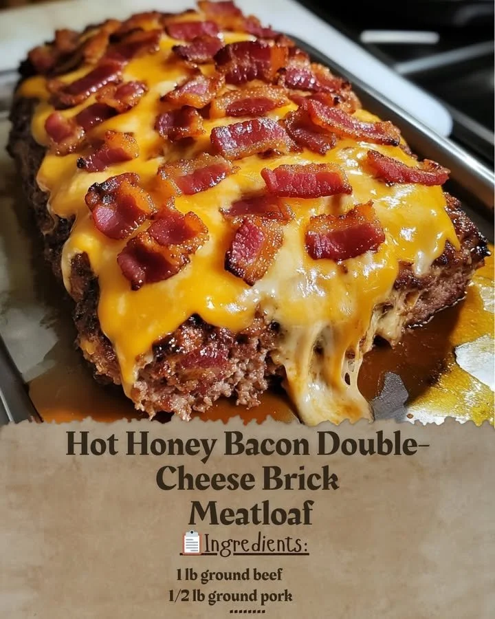 Hot Honey Bacon Double-Cheese Brick Meatloaf served with a side of vegetables