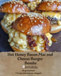 Delicious Hot Honey Bacon Mac and Cheese Burger Bombs served on a plate.