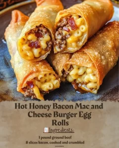 Delicious Hot Honey Bacon Mac and Cheese Burger Egg Rolls on a plate