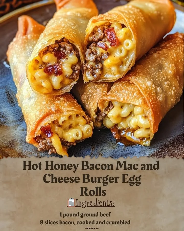 Delicious Hot Honey Bacon Mac and Cheese Burger Egg Rolls on a plate