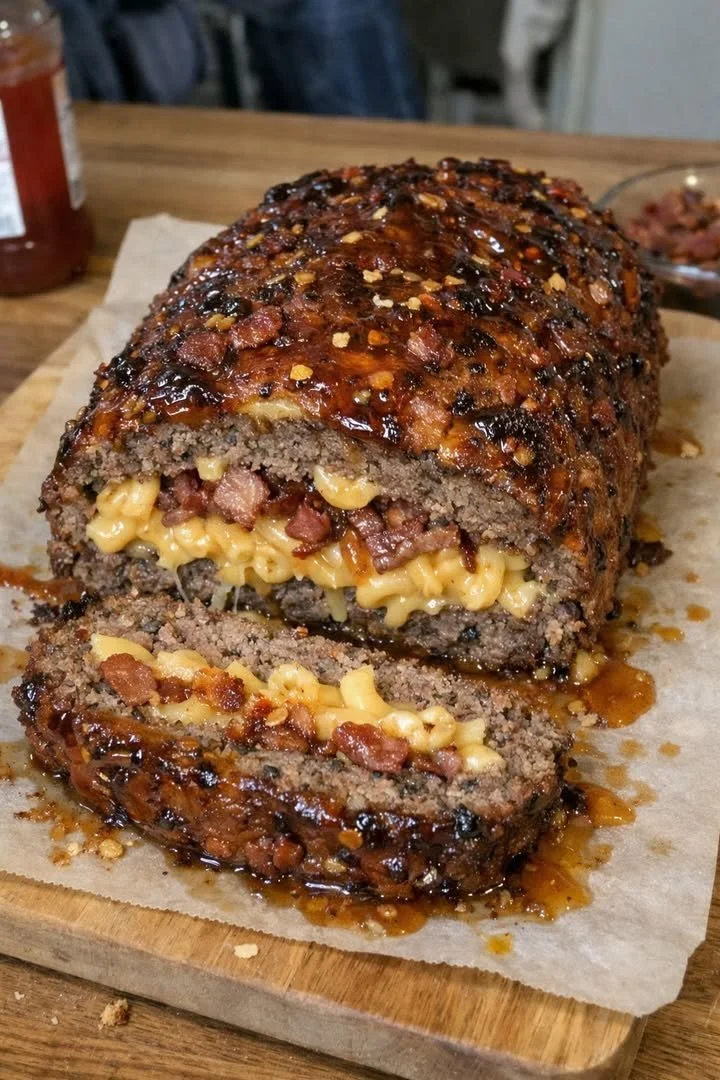 Hot Honey Bacon Mac and Cheese Burger Loaf topped with crispy bacon