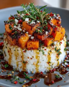 Caramelized butternut squash and sweet potato rice stack drizzled with hot honey.