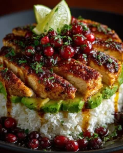 Hot honey lime chicken stack with creamy feta, avocado, and cranberry rice