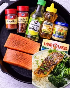 Plate of hot honey salmon garnished with herbs and spices