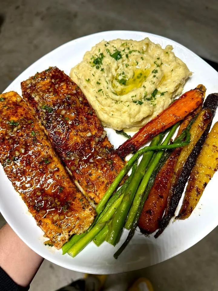 Hot Honey Salmon with Roasted Rainbow Carrots and Asparagus & Buttered Garlic Gold Mashed Potatoes