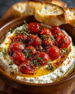 Hot Honey Whipped Ricotta Dip topped with Roasted Cherry Tomatoes and Garlic Confit