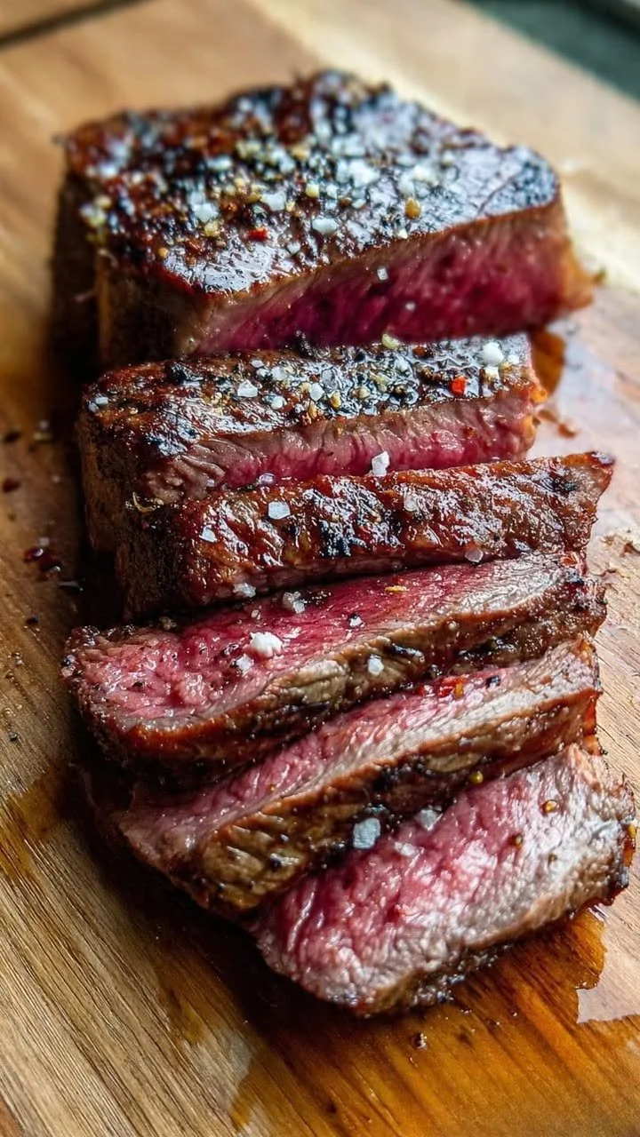 Juicy steak cooked in the oven, showcasing a perfectly seared crust and tender interior.