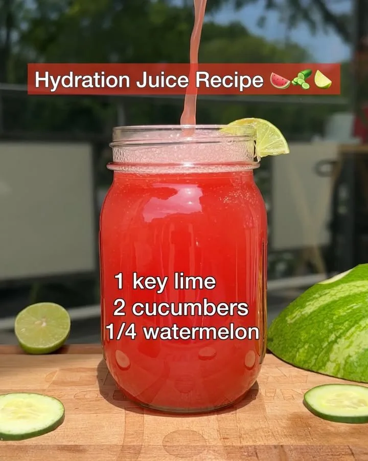 Brightly colored hydration juice in a glass with fruits and vegetables