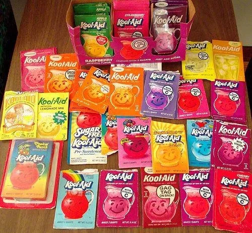 A colorful array of nostalgic drinks from childhood memories.