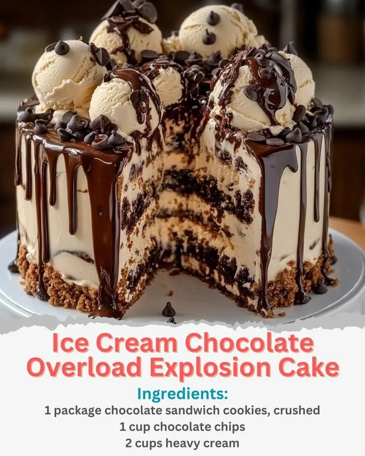 Ice Cream Chocolate Overload Explosion Cake topped with chocolate and ice cream layers