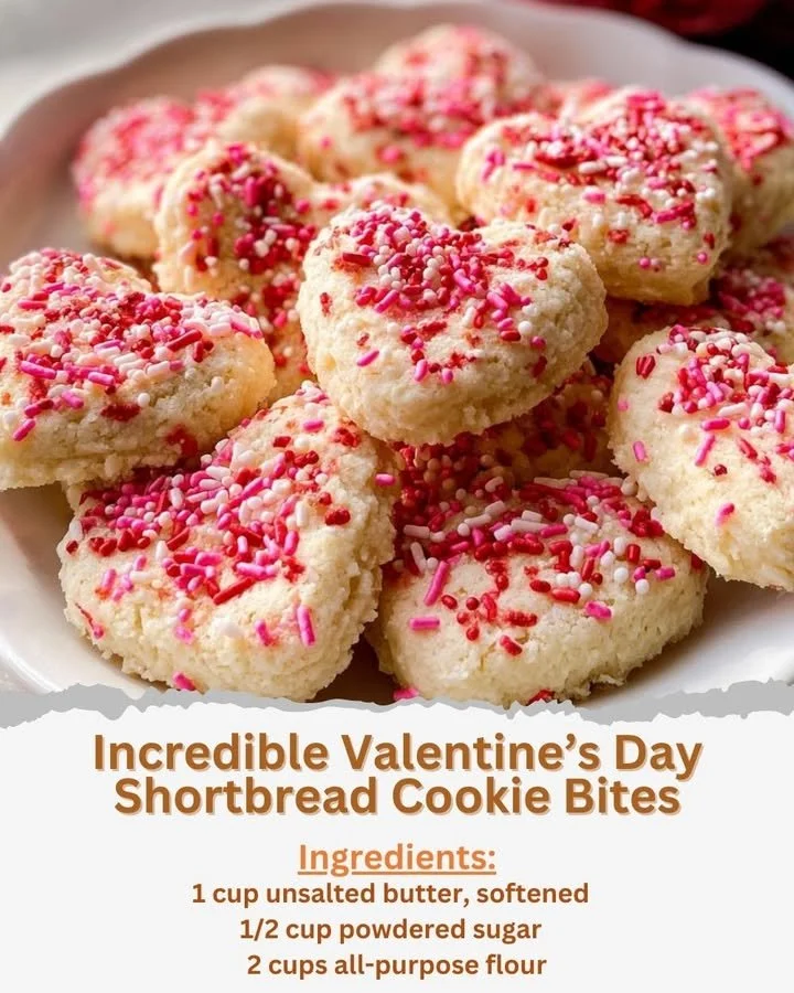 Incredible Valentine’s Day shortbread cookie bites decorated with heart shapes