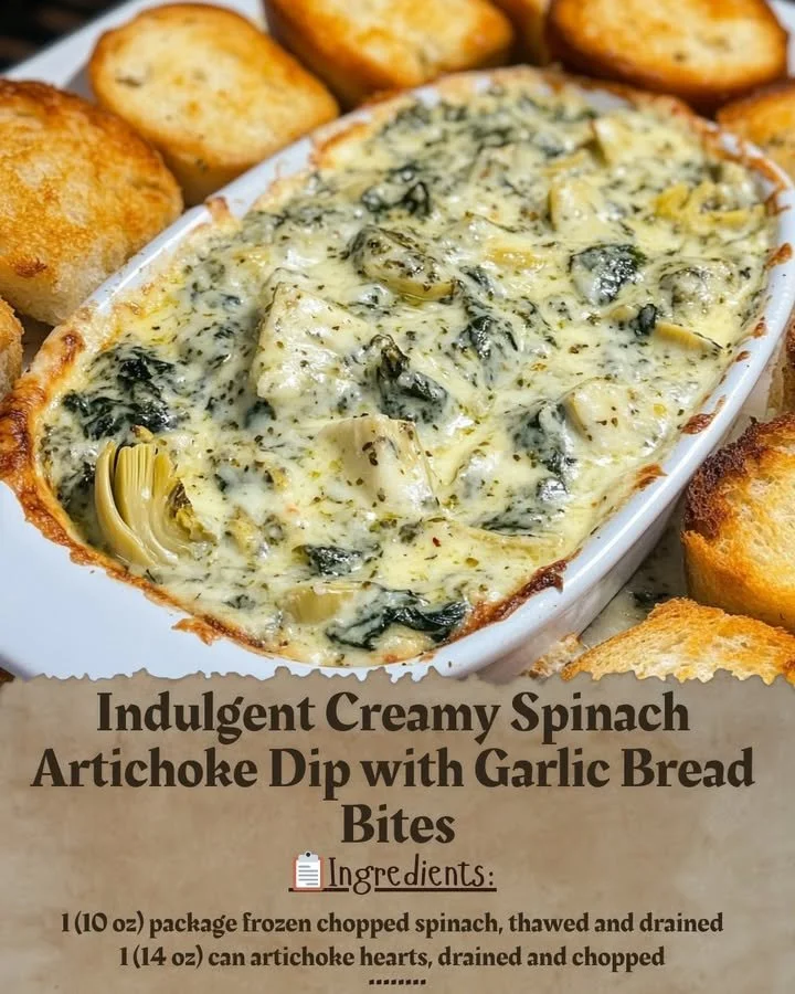 Creamy spinach artichoke dip served with garlic bread bites on a wooden platter
