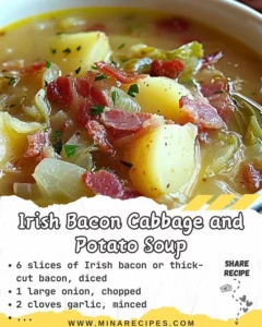 Bowl of hearty Irish Bacon Soup with cabbage and potatoes
