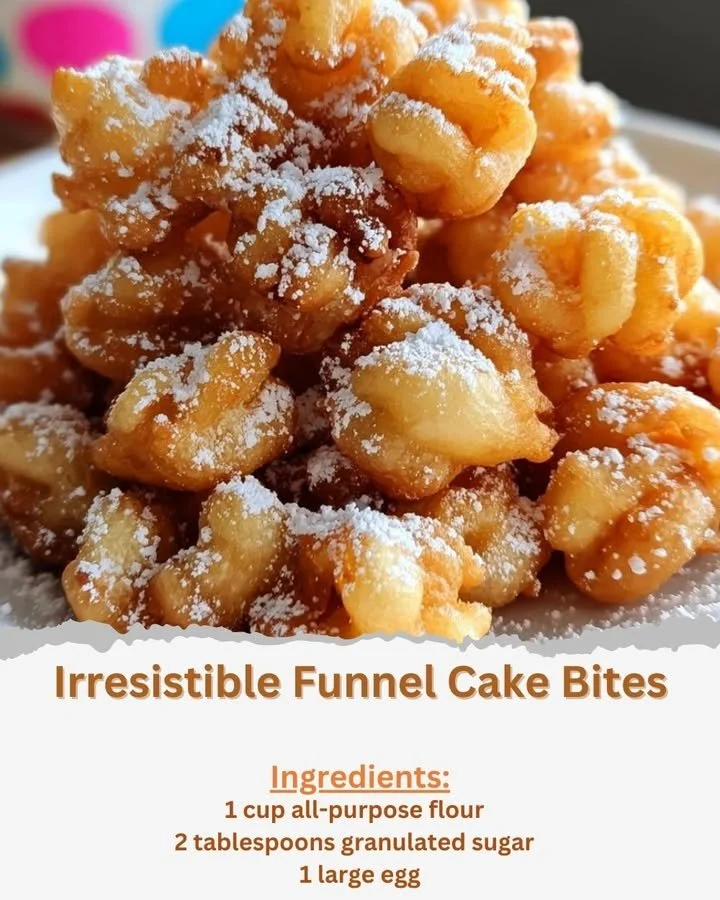 Delicious funnel cake bites served with powdered sugar and chocolate drizzle.