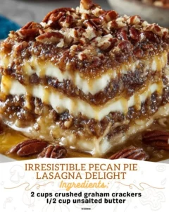 Slice of decadent pecan pie lasagna topped with whipped cream and pecans