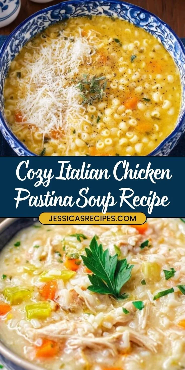 Bowl of homemade Italian Chicken Pastina Soup with fresh herbs