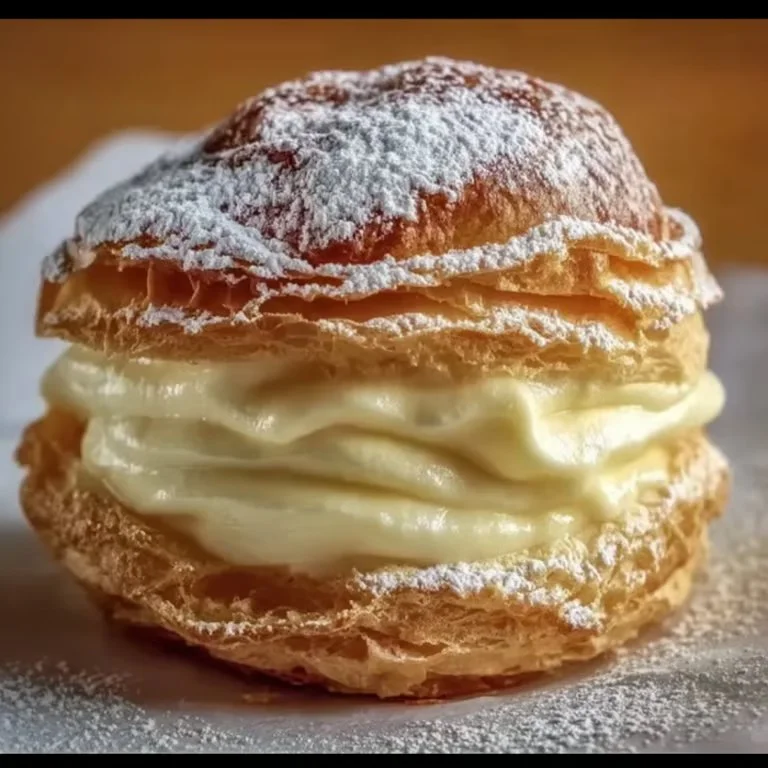 Italian cream puffs filled with rich cream and topped with powdered sugar