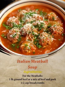 Bowl of Italian Meatball Soup filled with savory meatballs and fresh ingredients