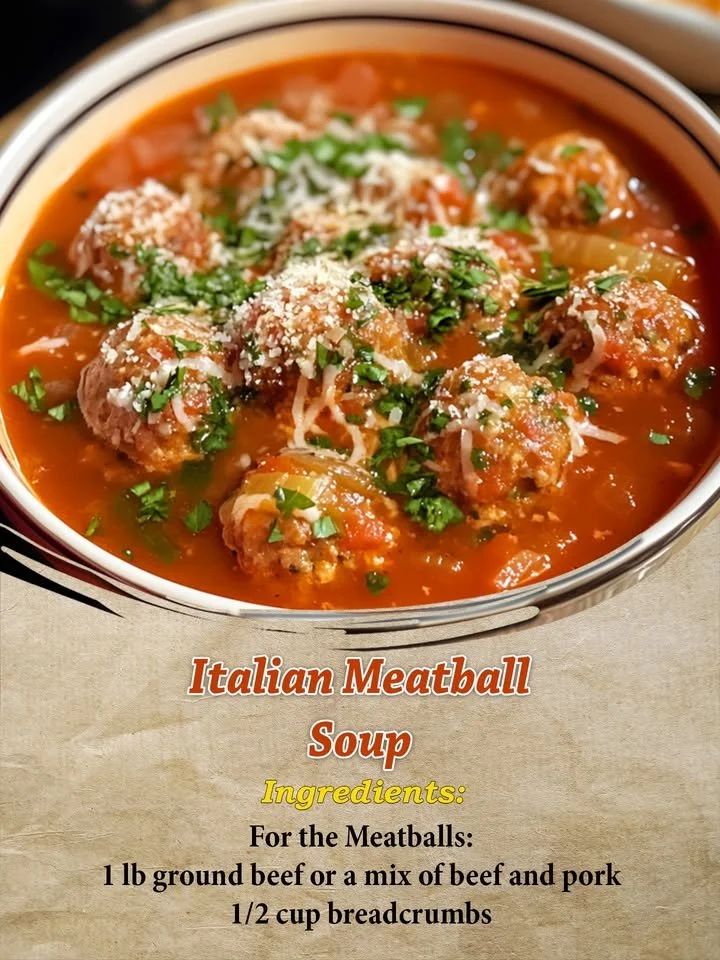 Bowl of Italian Meatball Soup filled with savory meatballs and fresh ingredients