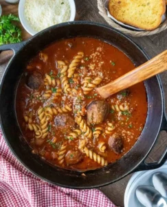 Bowl of Italian meatball soup with herbs and vegetables