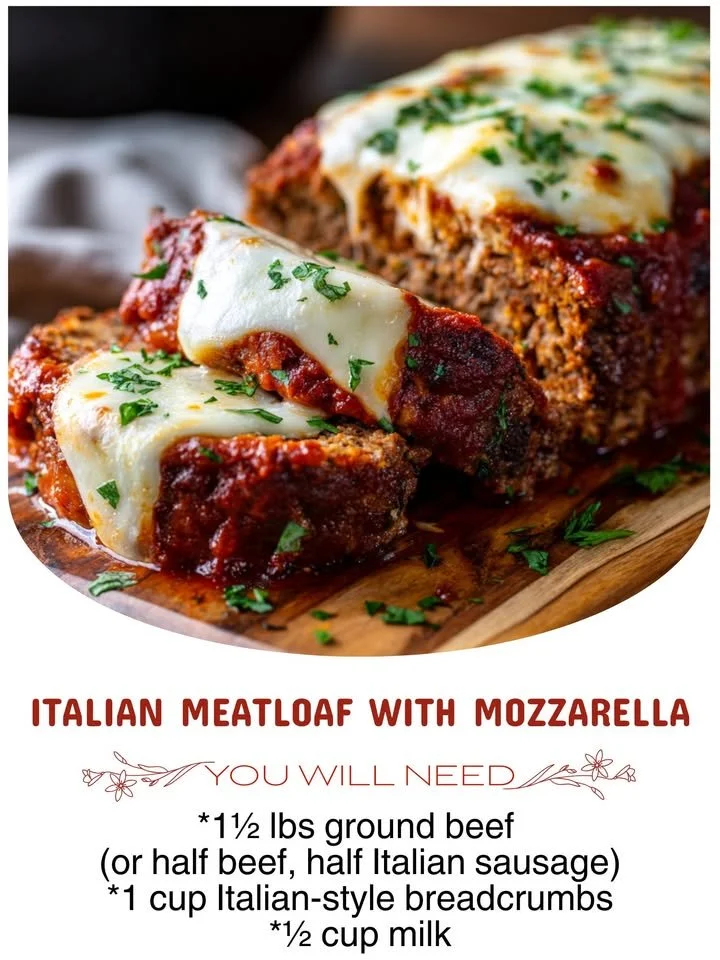 Delicious Italian Meatloaf with Mozzarella topped with cheese and herbs
