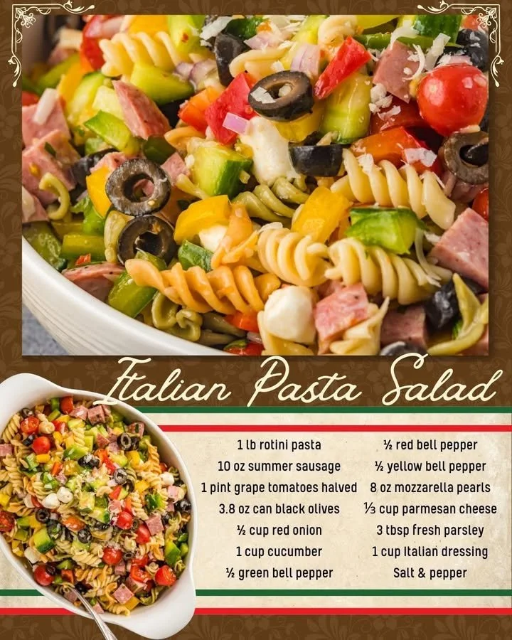 Colorful Italian Pasta Salad with fresh vegetables and Italian dressing