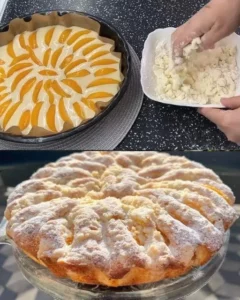 Delicious Italian Peach Cake topped with fresh peaches and whipped cream