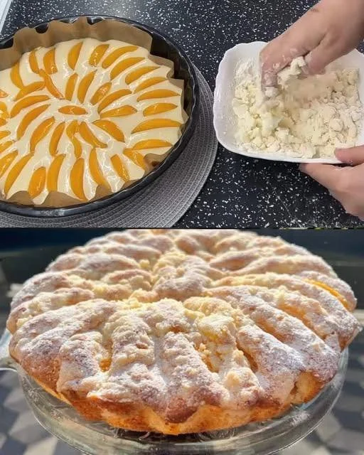 Delicious Italian Peach Cake topped with fresh peaches and whipped cream