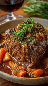 Delicious Italian Pot Roast (Stracotto) served with herbs and vegetables
