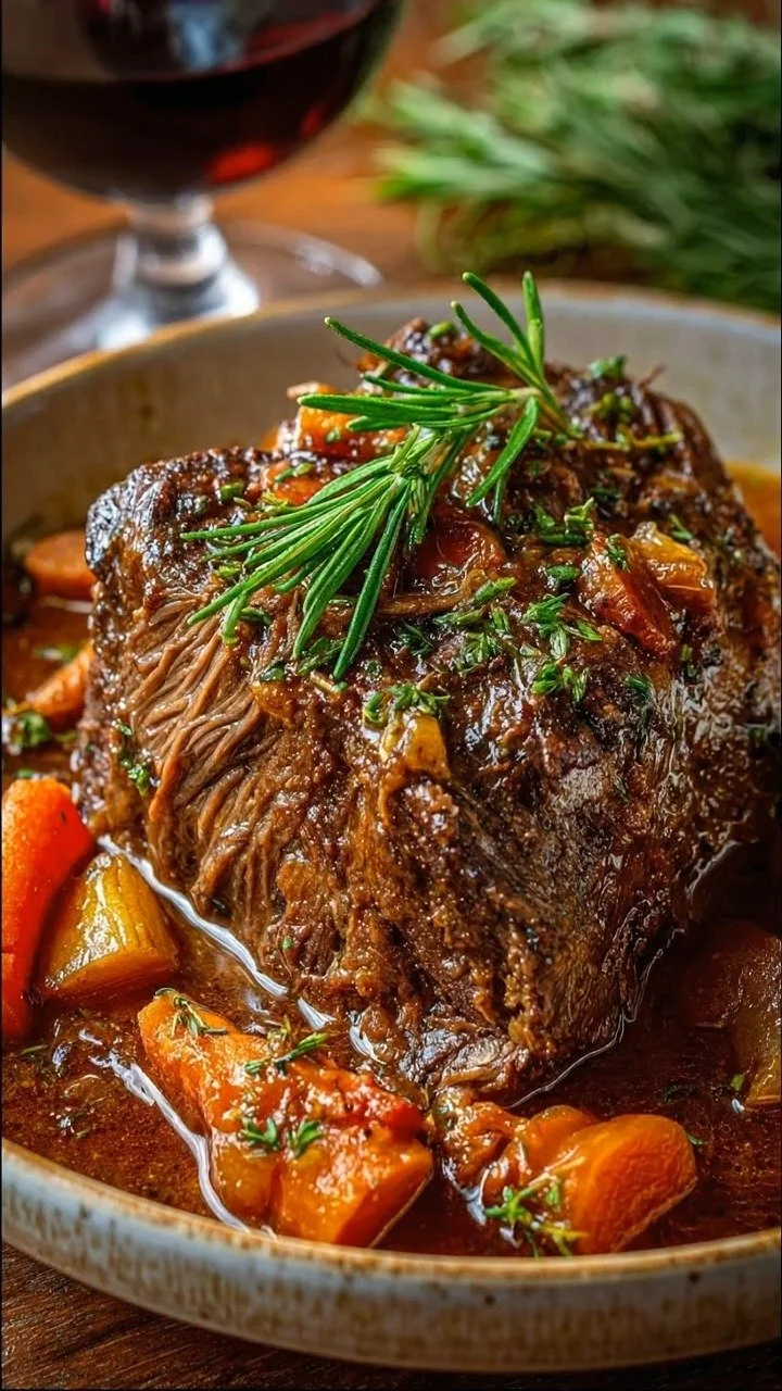 Delicious Italian Pot Roast (Stracotto) served with herbs and vegetables