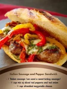 Delicious Italian sausage and pepper sandwich served on crusty bread