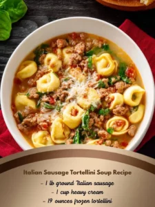 Bowl of Italian Sausage Tortellini Soup with fresh herbs and ingredients