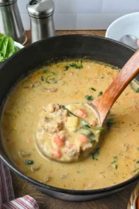 Bowl of Italian sausage white bean soup garnished with parsley and crusty bread