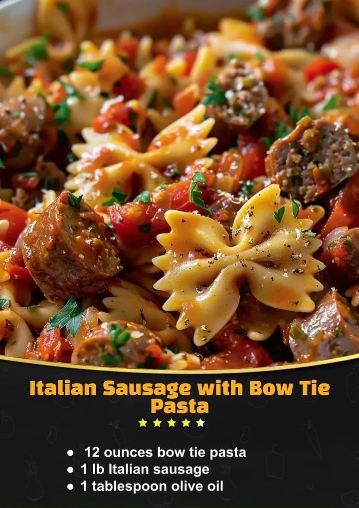 Plate of Italian sausage with bow tie pasta garnished with herbs.