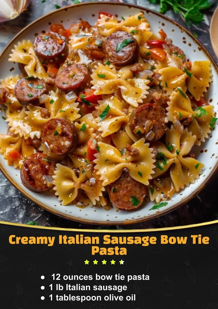 Italian sausage with bow tie pasta served on a plate