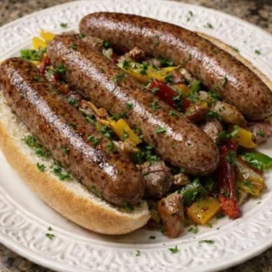 Delicious Italian sausage cooked with peppers and onions in a skillet.