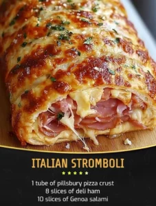 Delicious Italian Stromboli with layers of cheese and meats.