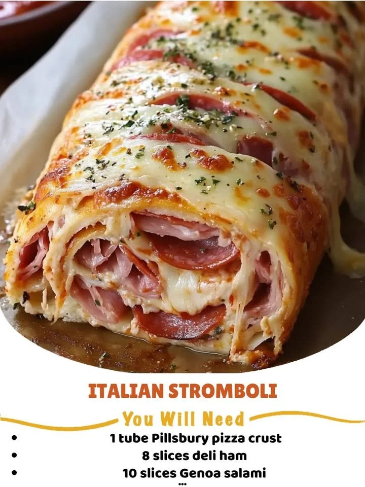 Homemade Italian Stromboli filled with ham, cheese, and vegetables.