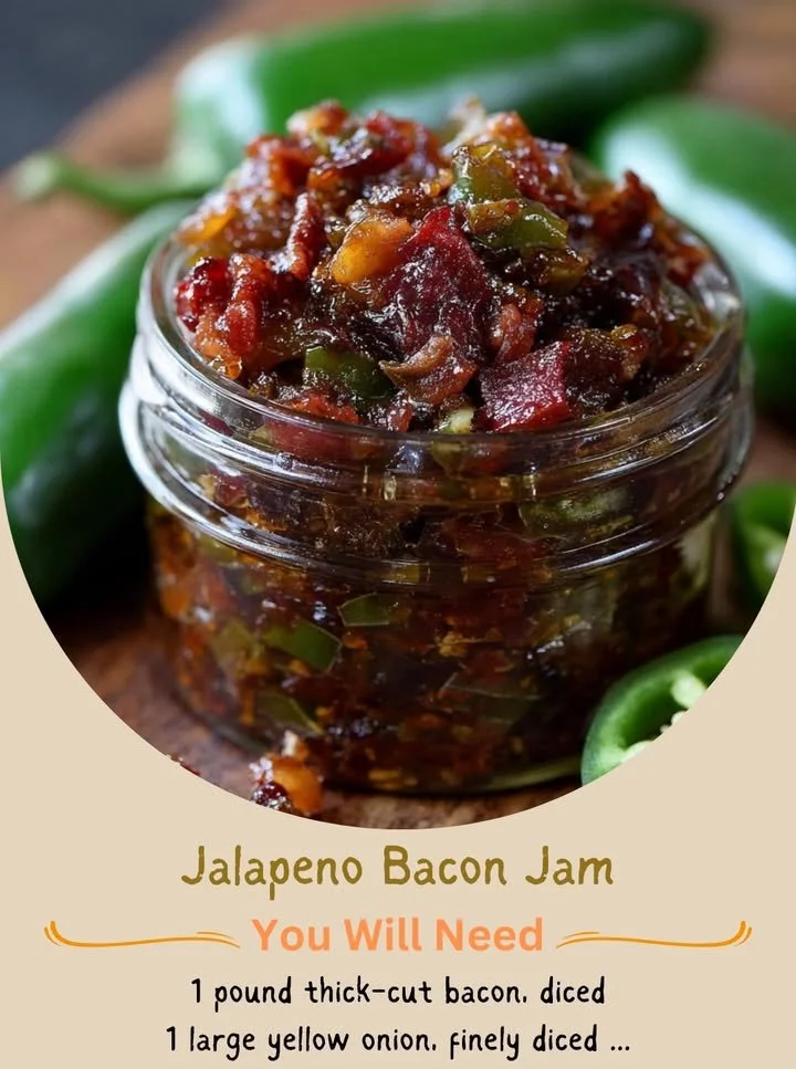 Jar of homemade Jalapeño Bacon Jam with spicy peppers and crispy bacon