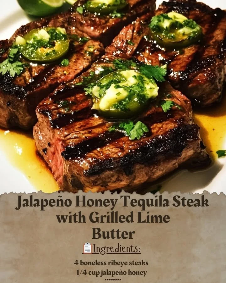 Jalapeño Honey Tequila Steak with Grilled Lime Butter served on a plate