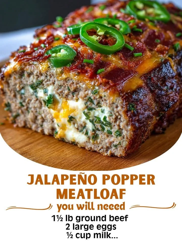 Jalapeño Popper Meatloaf topped with cheese and jalapeños, served on a plate