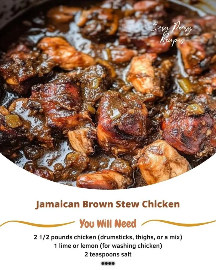Delicious Jamaican Brown Stew Chicken served with rice and vegetables.