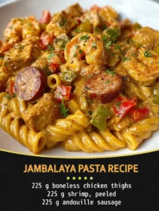 A delicious bowl of Jambalaya Pasta with seafood, chicken, and vibrant vegetables.