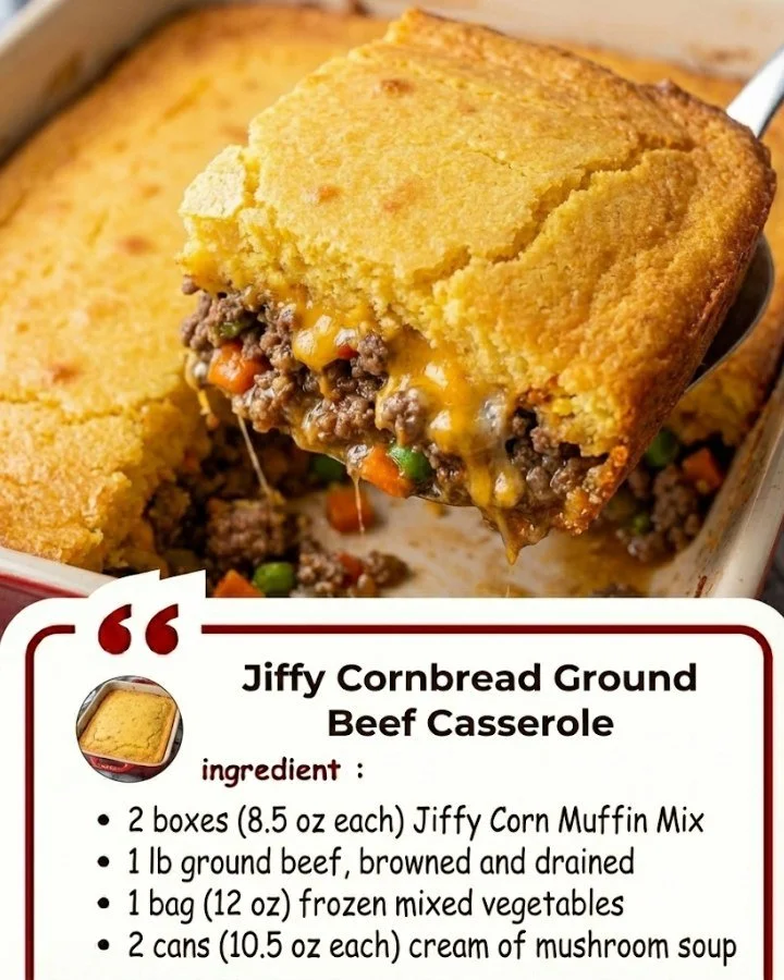 Jiffy cornbread ground beef casserole served in a baking dish